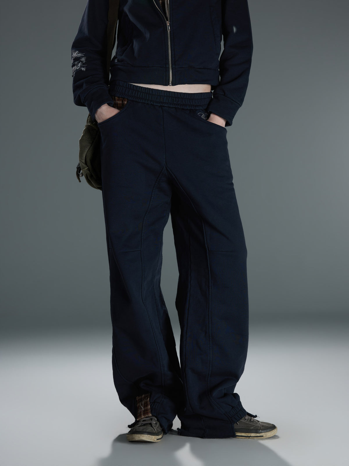 Washed Plaid-Panel Wide-Leg Sweatpants — image 6