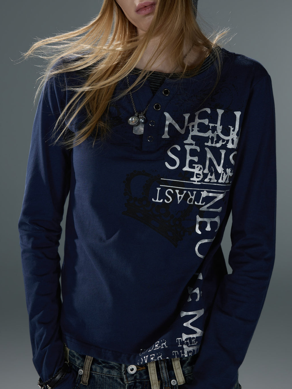 Layered-Collar Silver Foil Long Sleeve — image 5