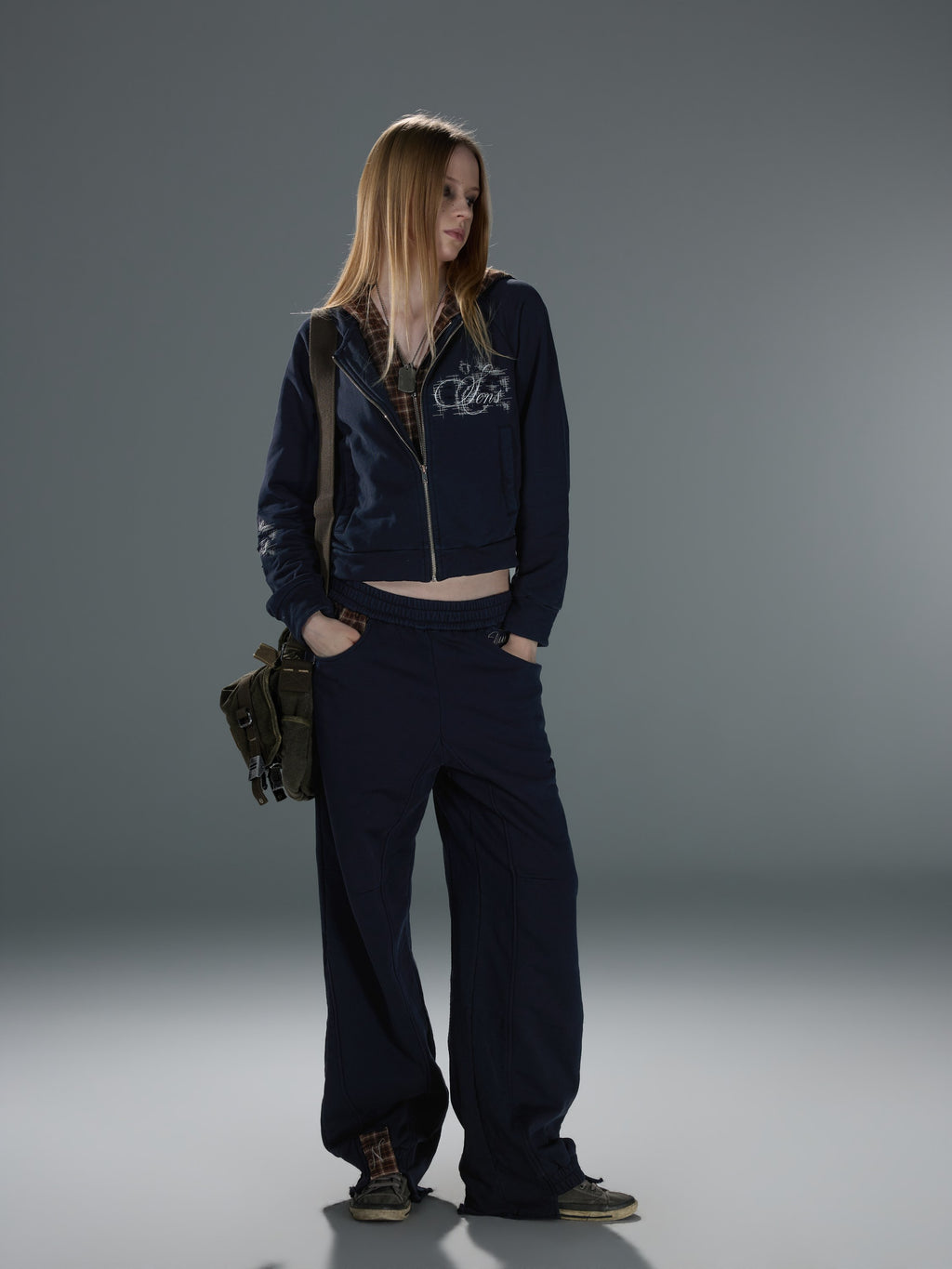 Distressed Plaid-Appliqué Zip Sweatshirt — image 1