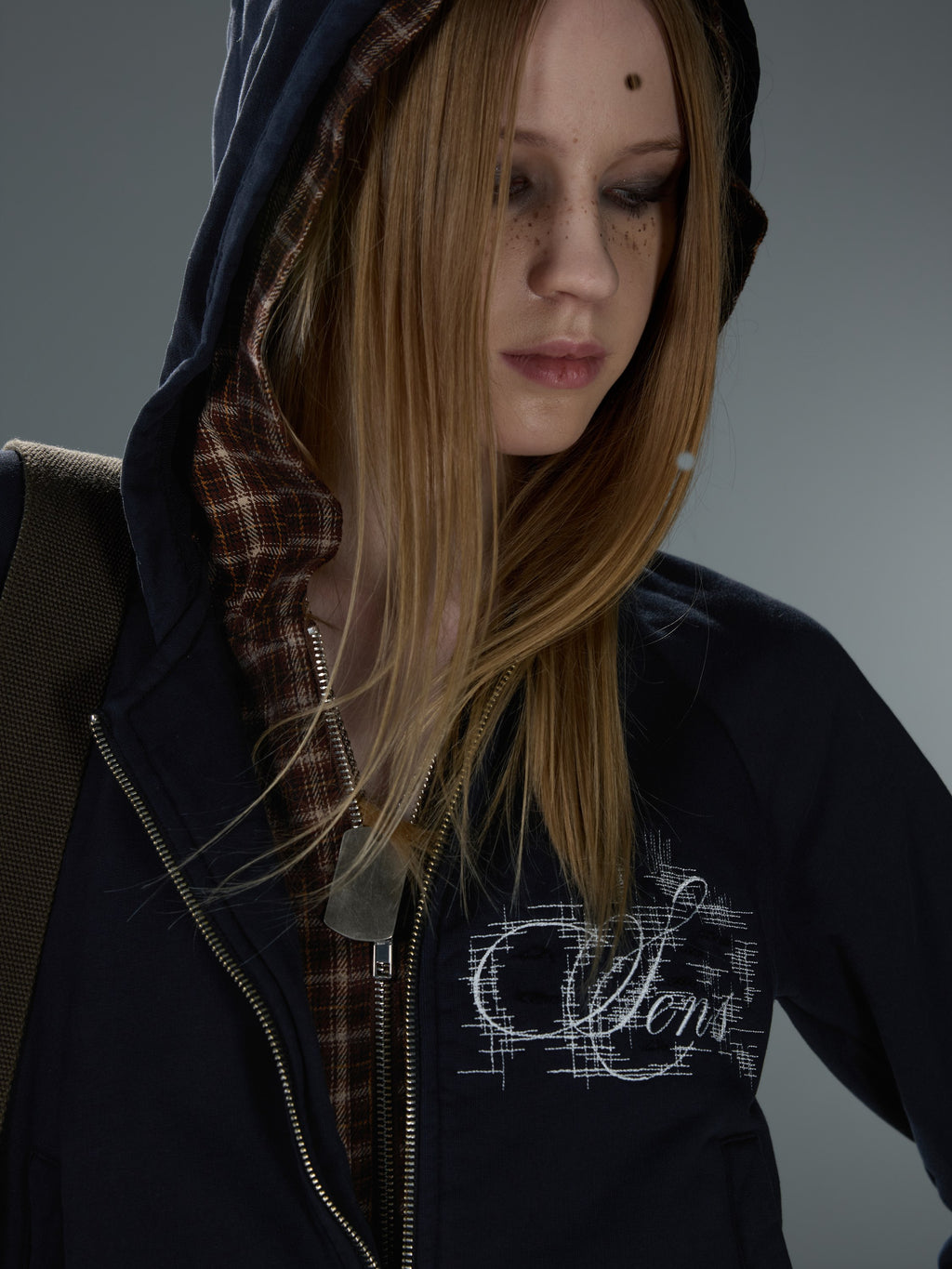 Distressed Plaid-Appliqué Zip Sweatshirt — image 6
