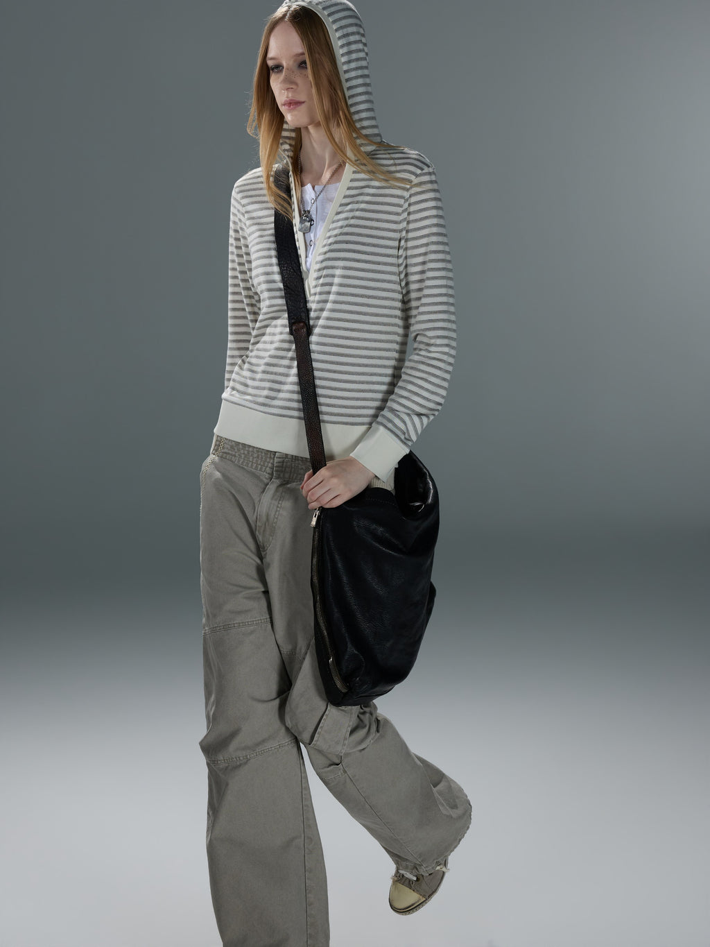 Layered-Look Striped V-Neck Hooded Top — image 1