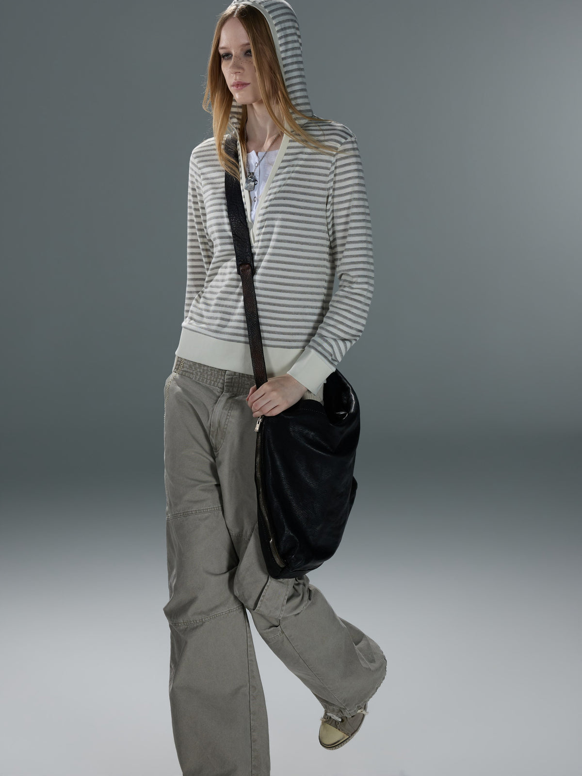 Layered-Look Striped V-Neck Hooded Top — image 1