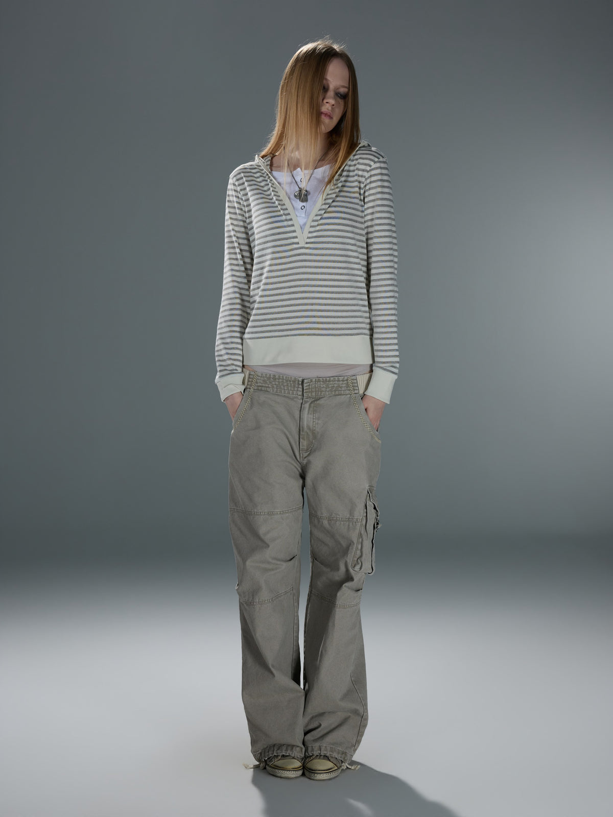 Layered-Look Striped V-Neck Hooded Top — image 3