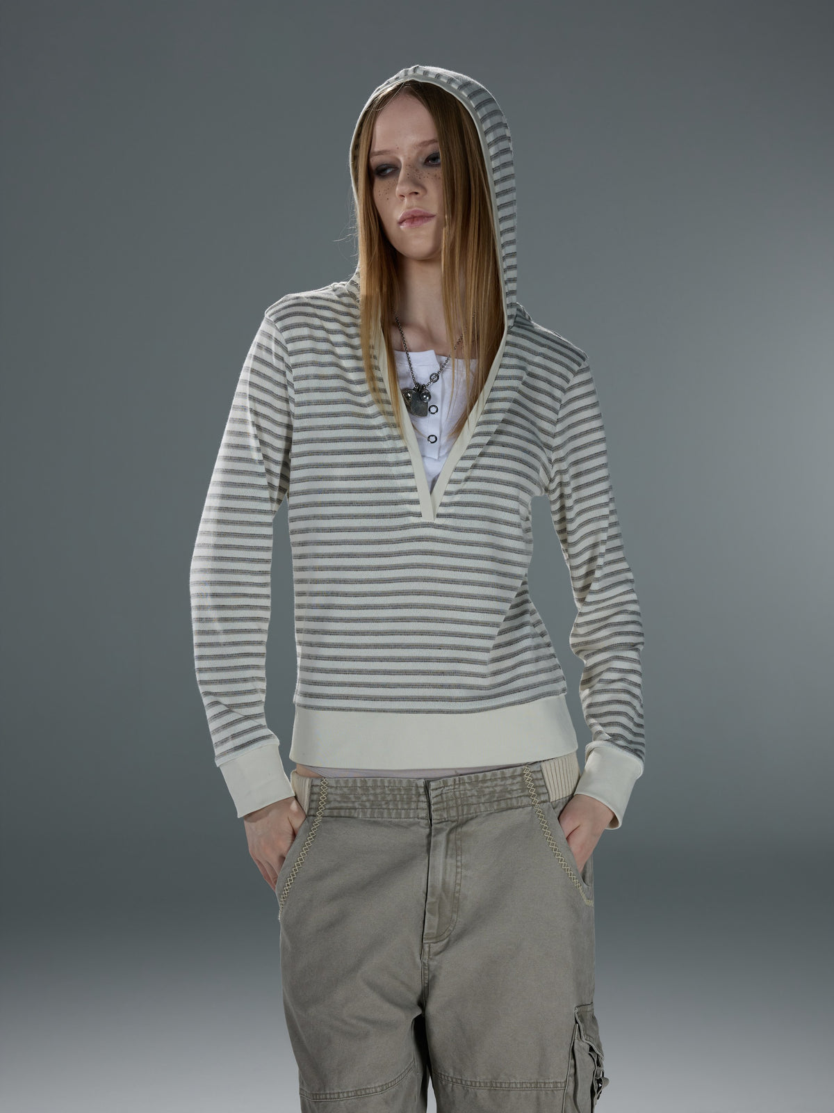 Layered-Look Striped V-Neck Hooded Top — image 4