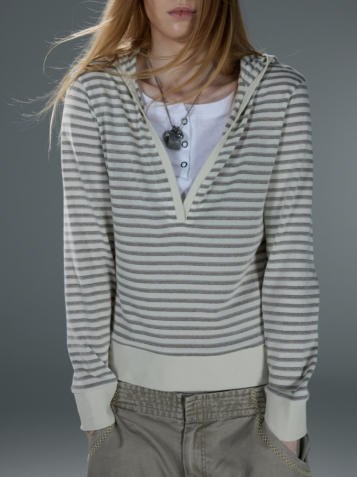 Layered-Look Striped V-Neck Hooded Top — image 5