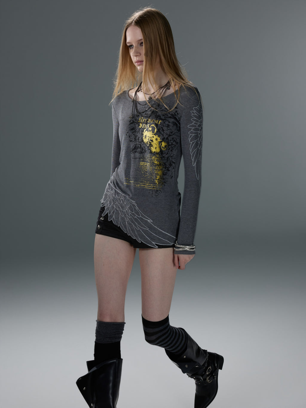 Wing-Hem Foil-Print Wool-Blend Long Sleeve — image 1