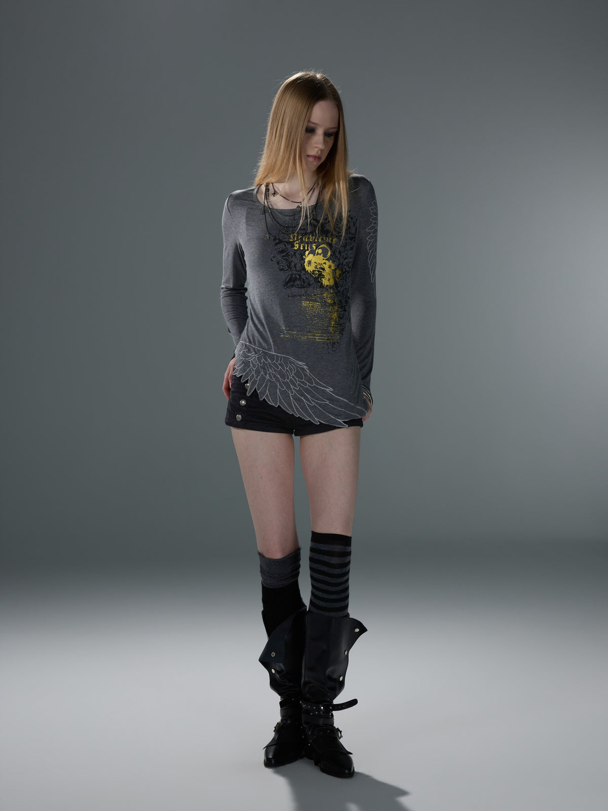 Wing-Hem Foil-Print Wool-Blend Long Sleeve — image 4
